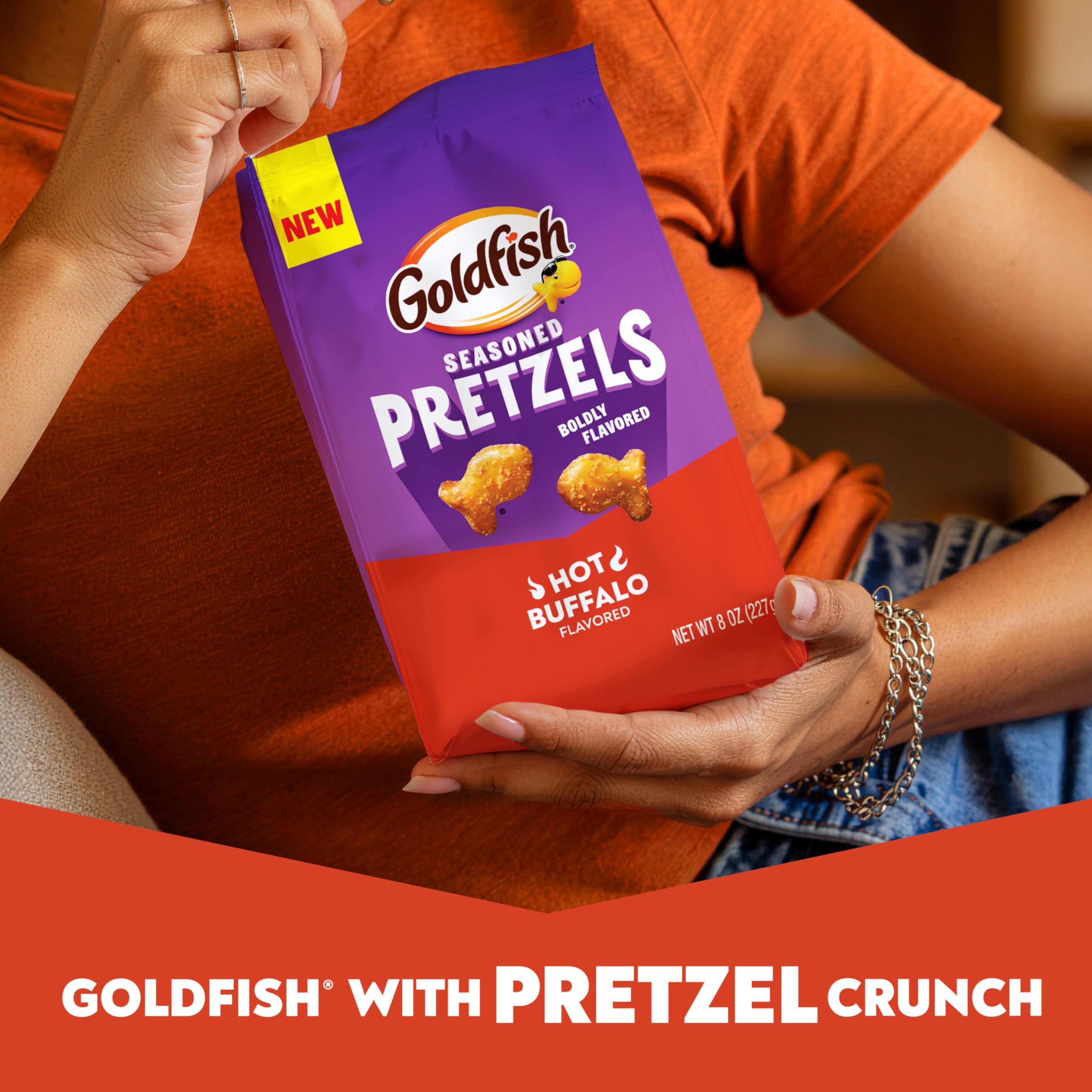 Goldfish Hot Buffalo Pretzels close-up reveals seasoned surface and tempting heat