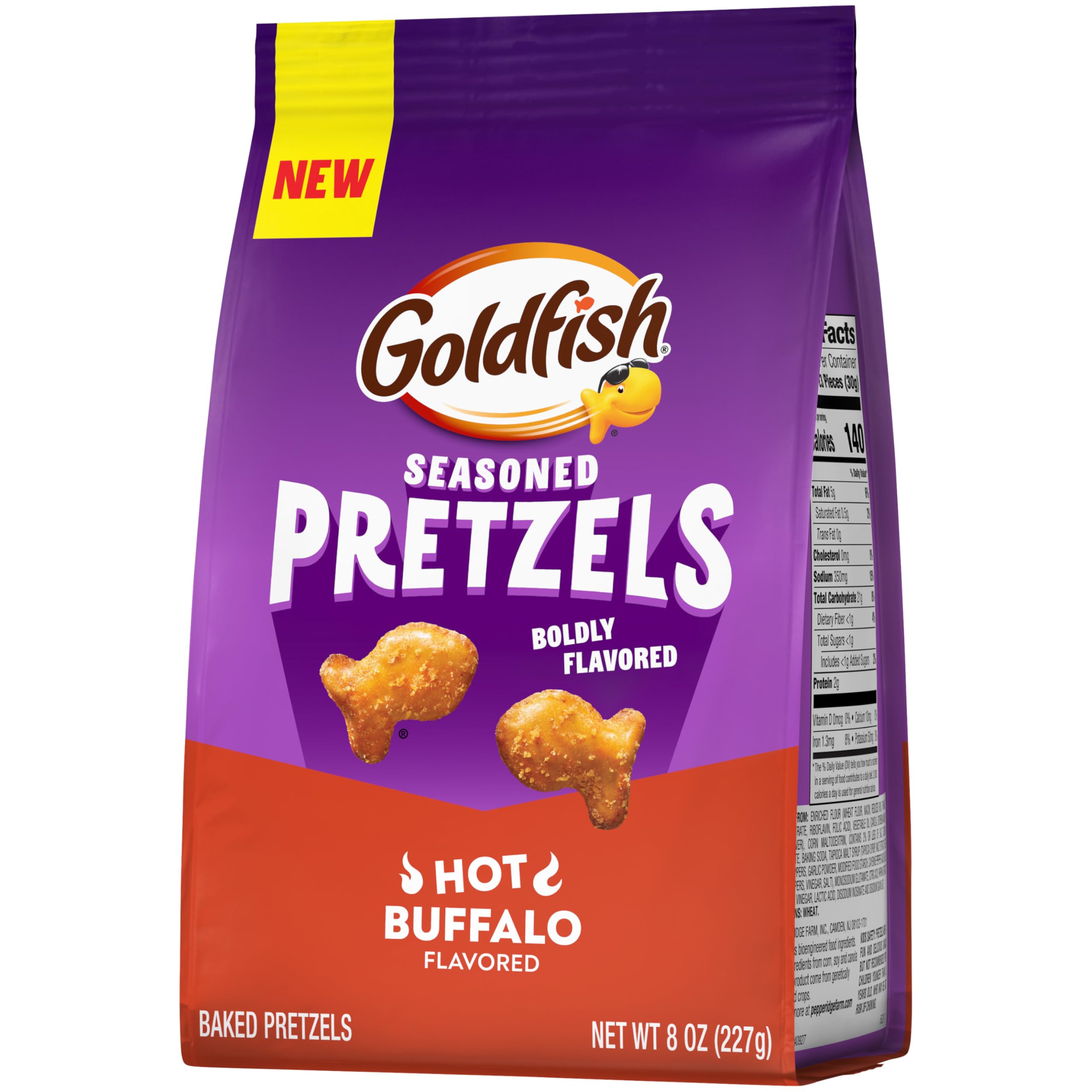 Goldfish Hot Buffalo Pretzels close-up of seasoning suggests bold, peppery flavor profile