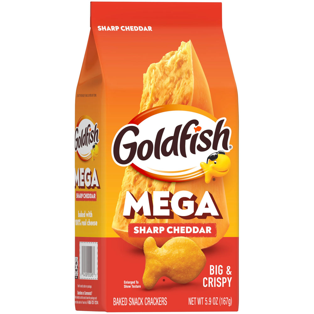Goldfish Mega Bites baked with 100% real cheese, highlighting quality ingredients.