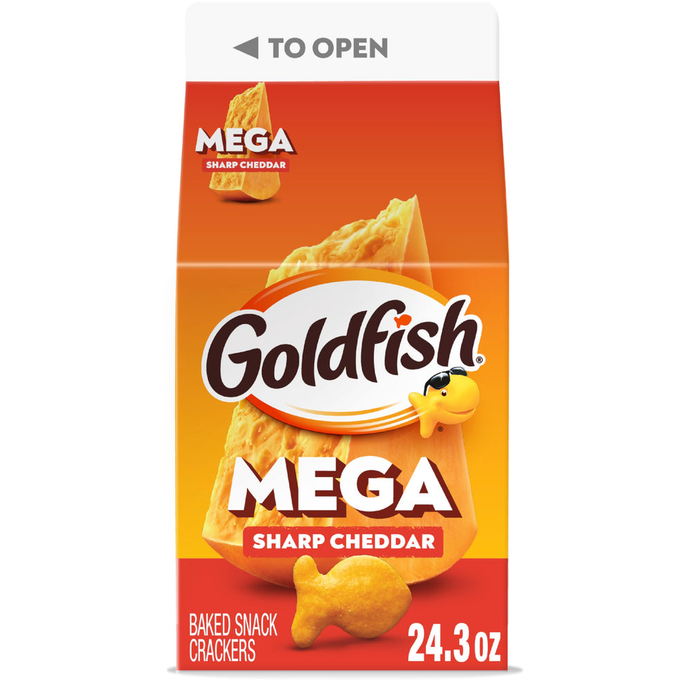 Goldfish Mega Bites sharp cheddar crackers carton front for family snacking