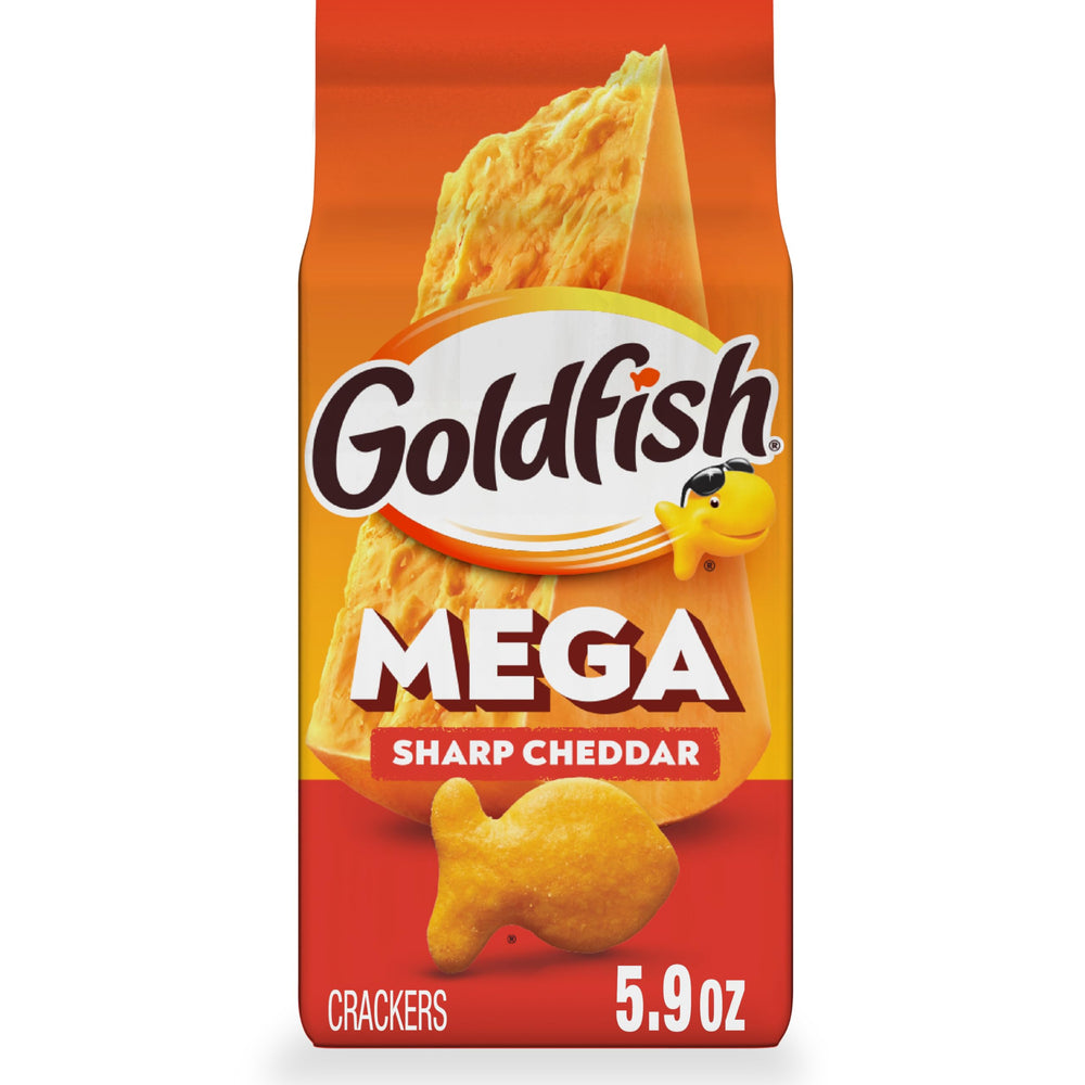 Goldfish Mega Bites Sharp Cheddar crackers close-up of crispy texture and bold cheese flavor.