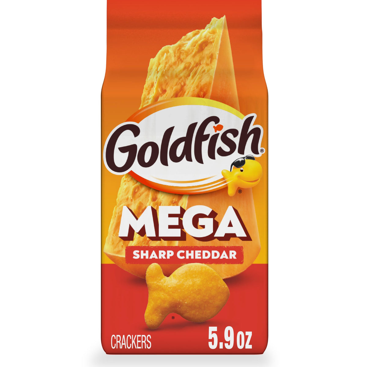 Goldfish Mega Bites Sharp Cheddar crackers close-up of crispy texture and bold cheese flavor.