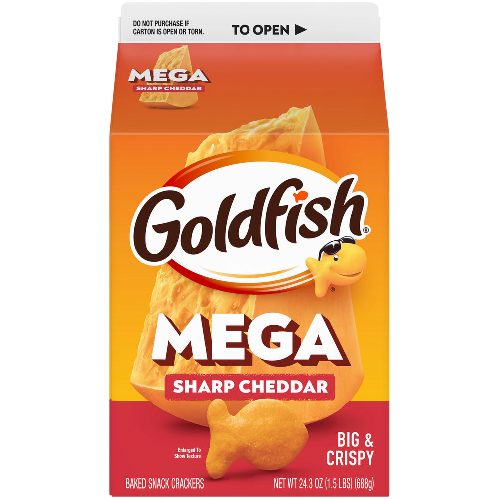 Goldfish Mega Bites packaging shows carton size for big crowds