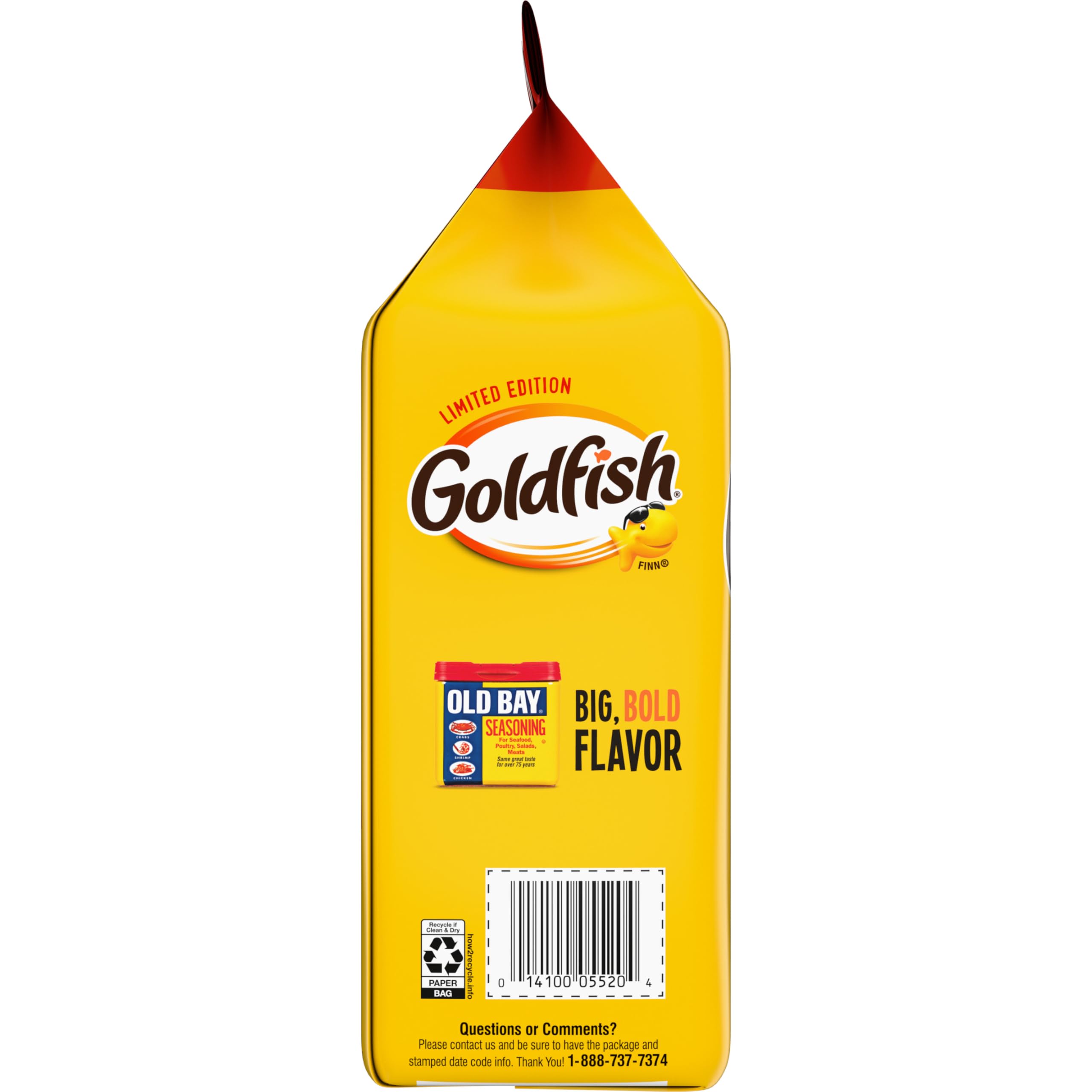 product label and nutrition panel on Goldfish Old Bay bag for ingredient clarity by Goldfish