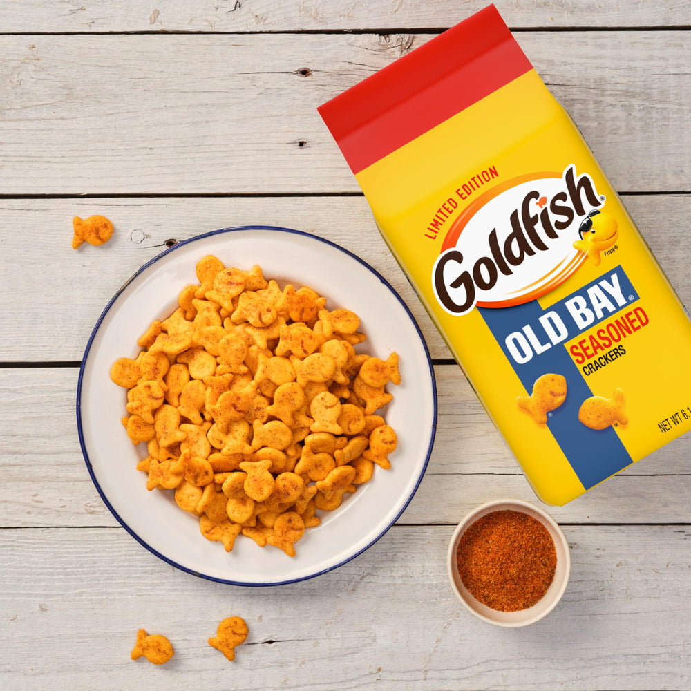 Goldfish Old Bay in serving bowl at a backyard BBQ offering crowd-pleasing crunch by Goldfish