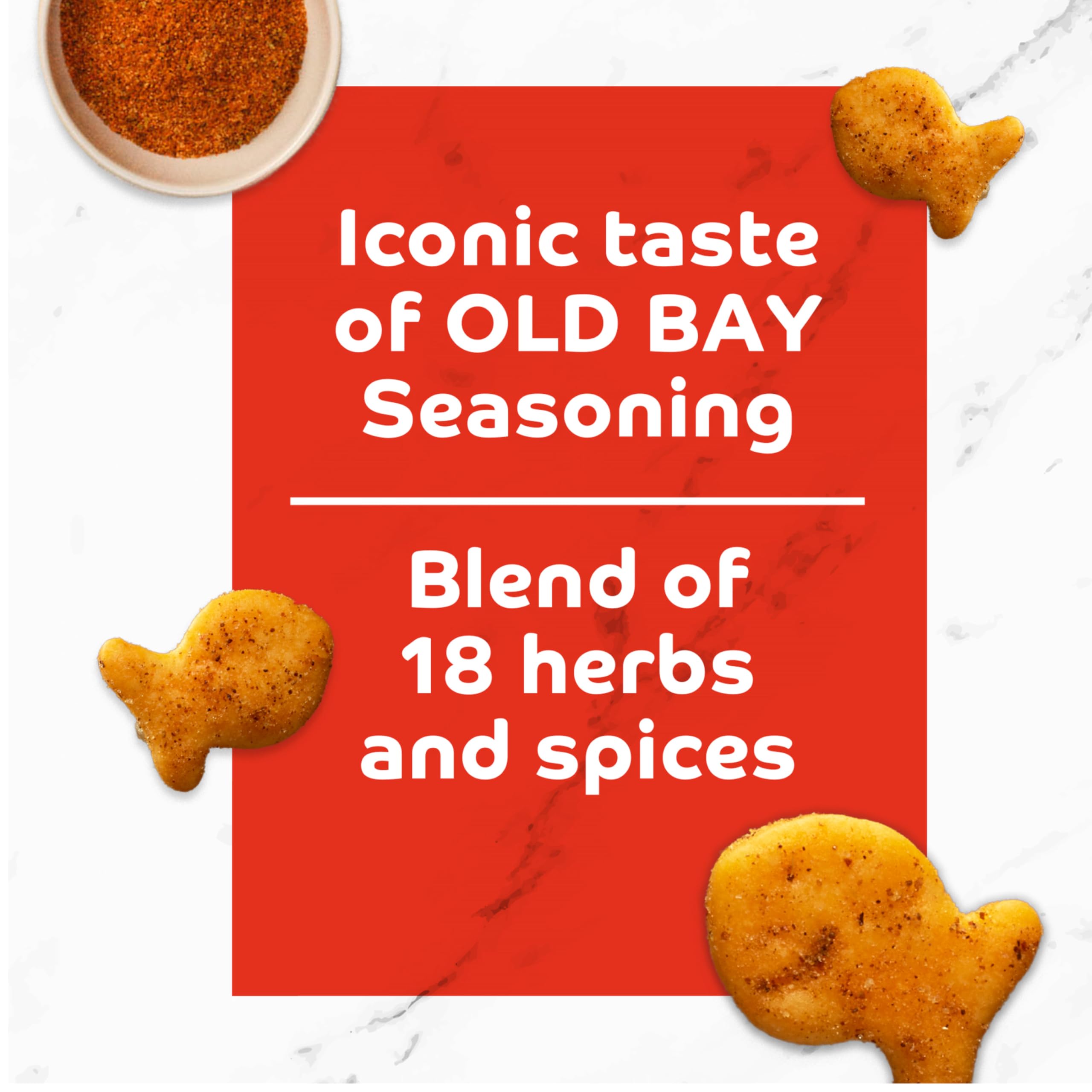 Goldfish Old Bay sprinkled on chowder adding savory crunch and flavor by Goldfish