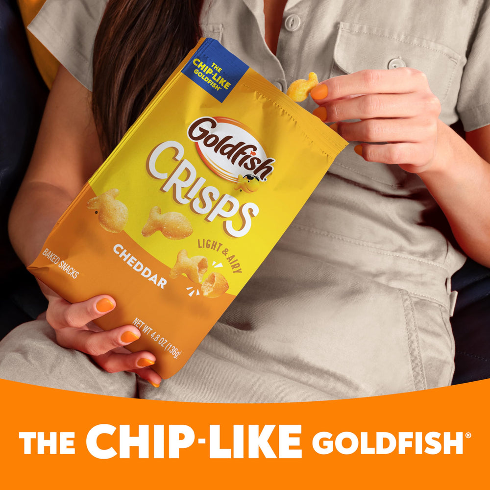 Goldfish packaging close-up, cheddar flavor highlighted with no artificial colors.