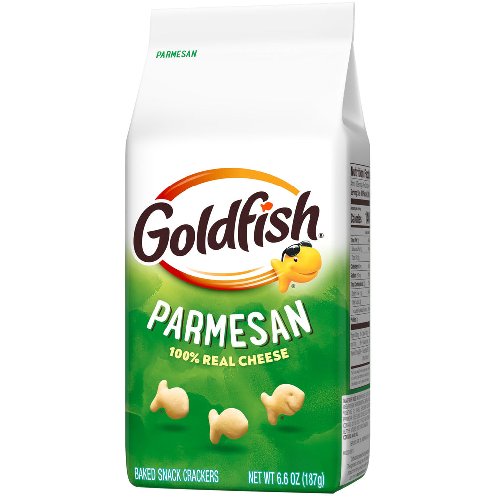 Back-of-pack view of Goldfish Parmesan crackers with serving ideas.