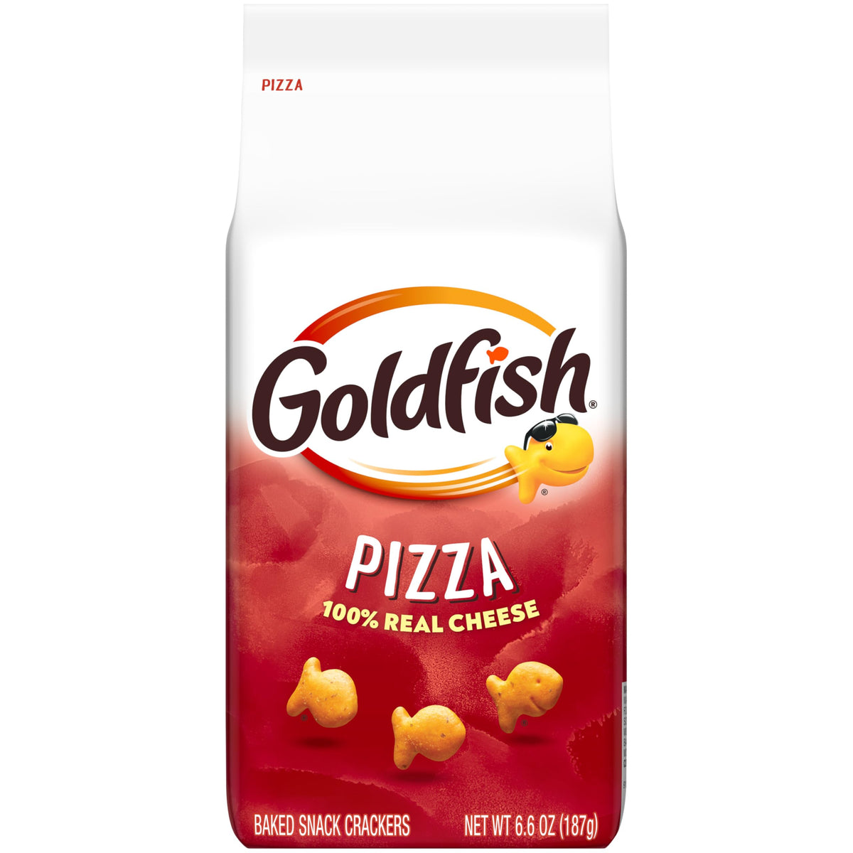 Goldfish Pizza Crackers bag showing the 6.6 oz size for sharing