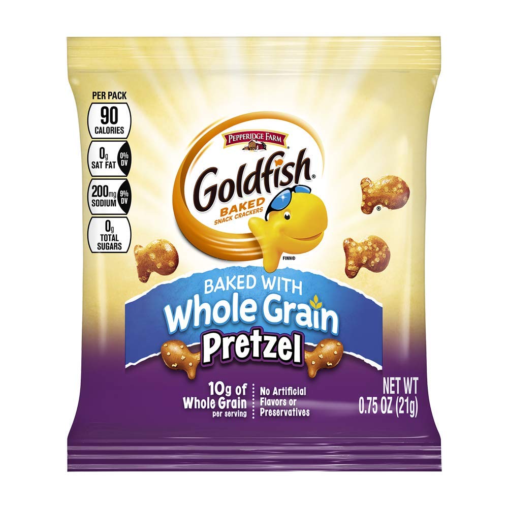 Goldfish pretzel front packaging showing single-serve bag and easy distribution benefit