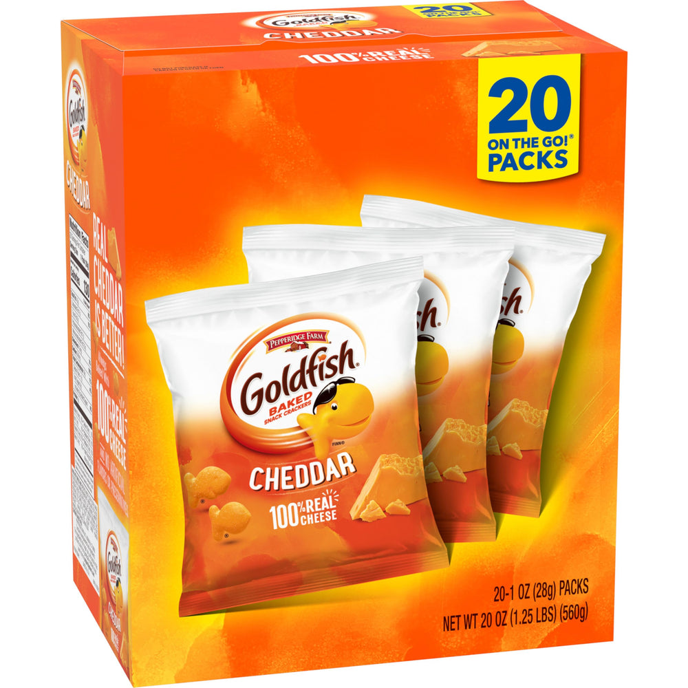 Goldfish real cheddar cheese claim visible on packaging.