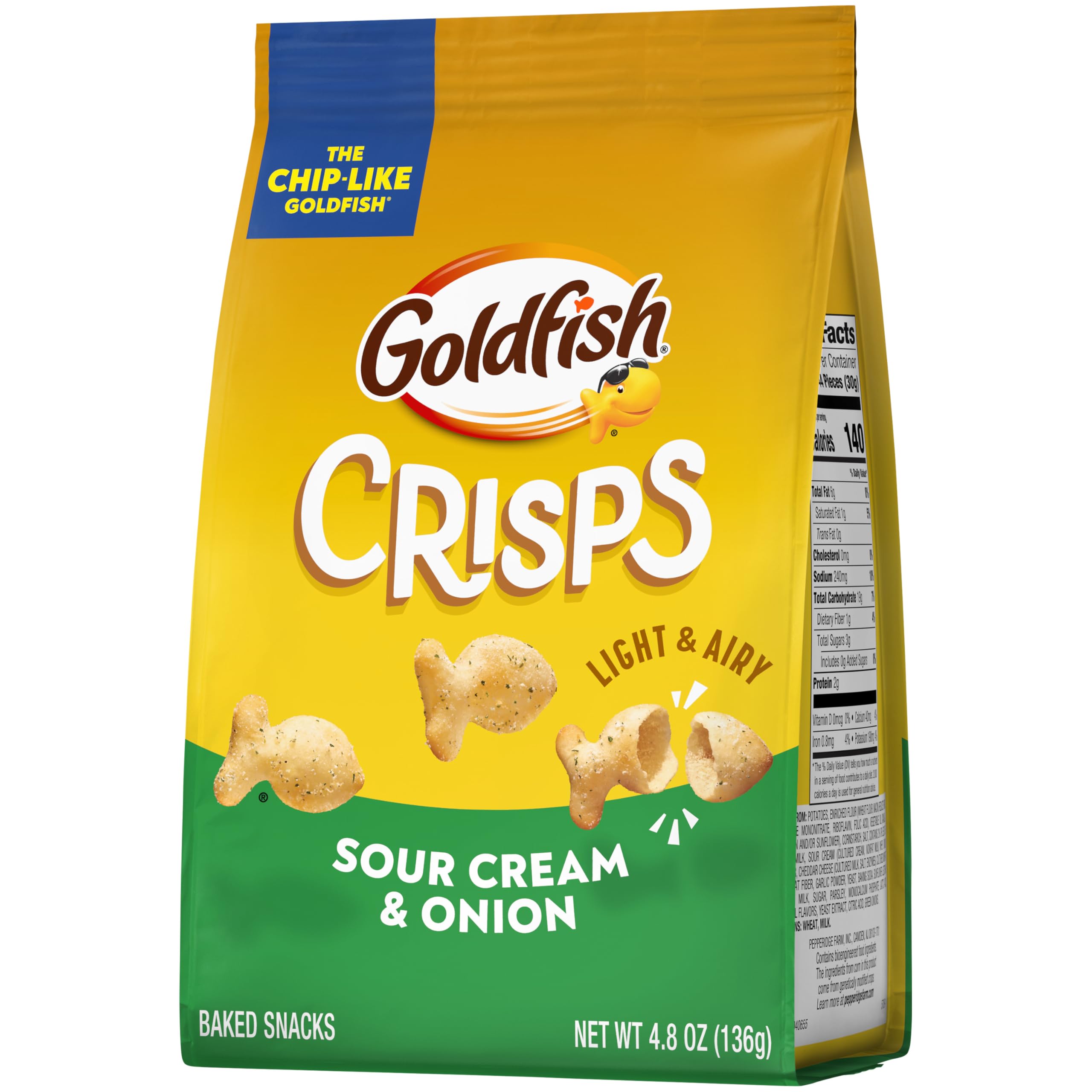 Colorful Goldfish Sour Cream and Onion bag suggesting savory aroma and snack appeal.