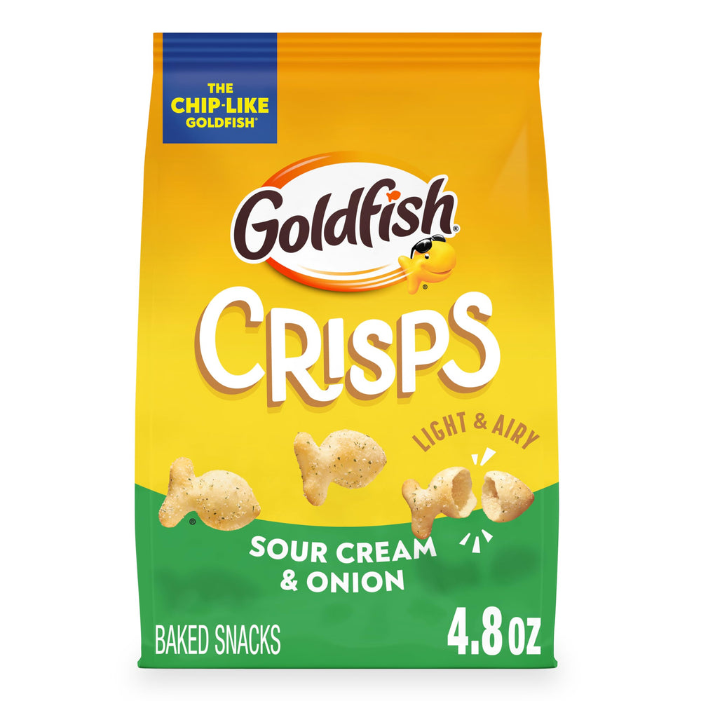 Goldfish Sour Cream and Onion baked crackers in a bag, ideal for on-the-go snacking.