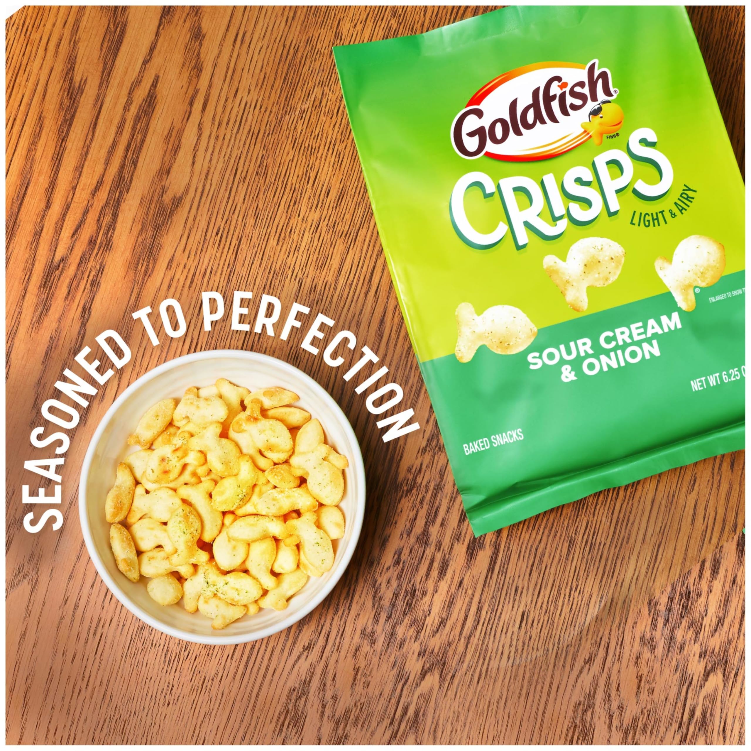 Goldfish Sour Cream & Onion packaging on shelf, convenient grab-and-go option