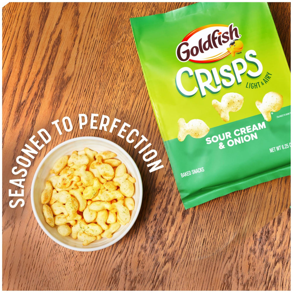 Goldfish Sour Cream & Onion packaging on shelf, convenient grab-and-go option