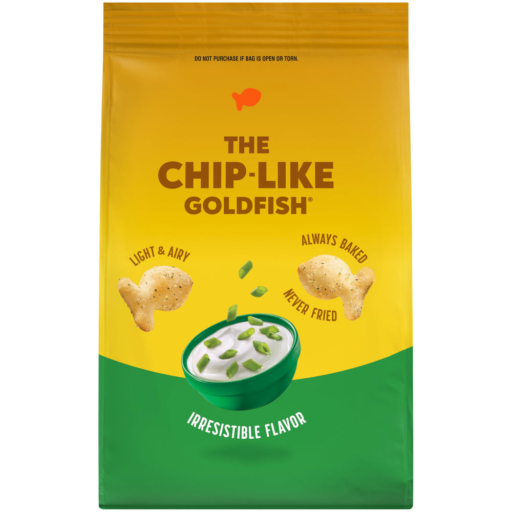 Goldfish Sour Cream and Onion packaging on a table, highlighting flavors.