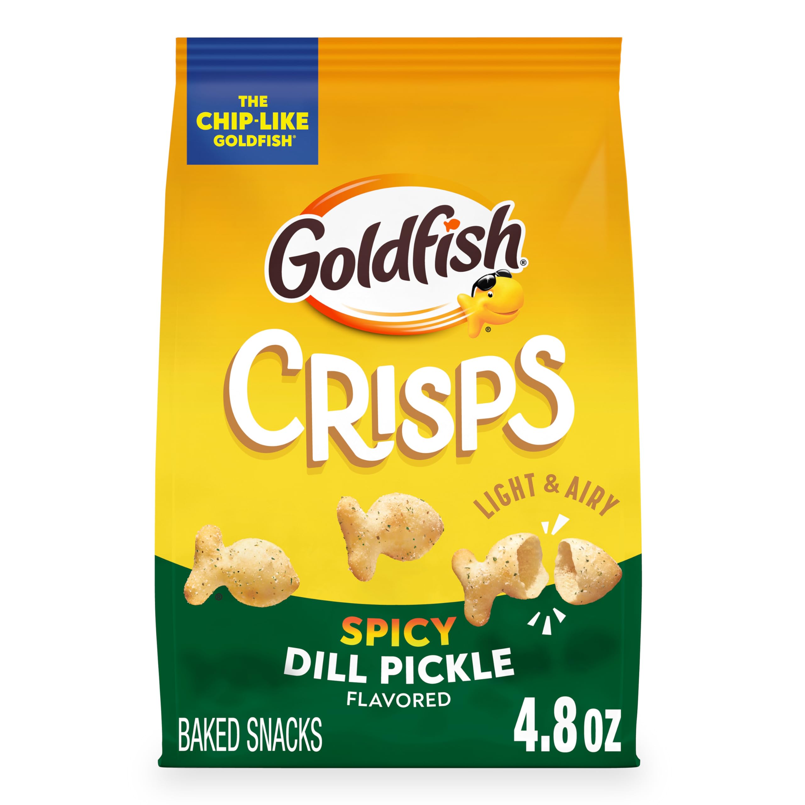 Goldfish Spicy Dill Pickle bag—crisp, shareable study snack.