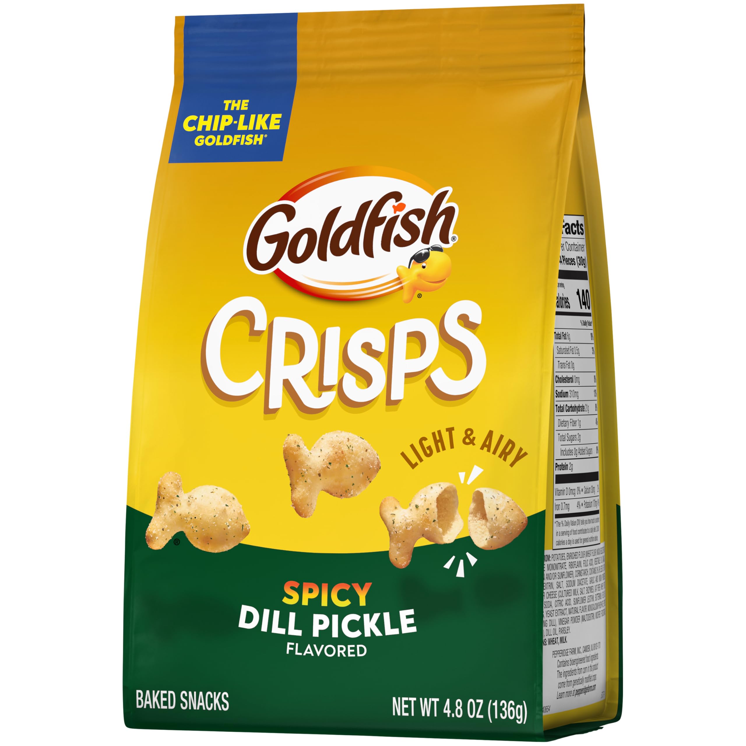 Goldfish Spicy Dill Pickle baked crackers—plant-based color appeal.