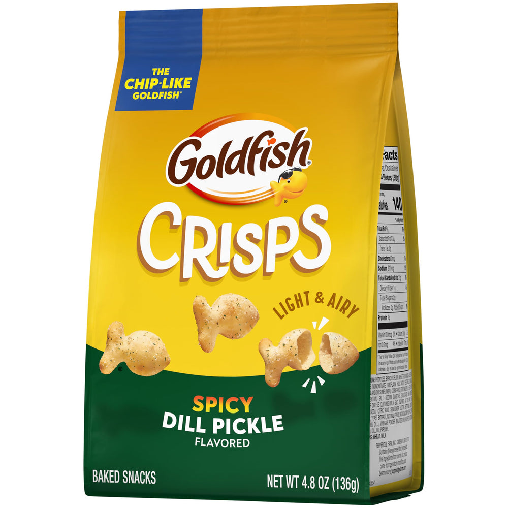 Goldfish Spicy Dill Pickle baked crackers—plant-based color appeal.