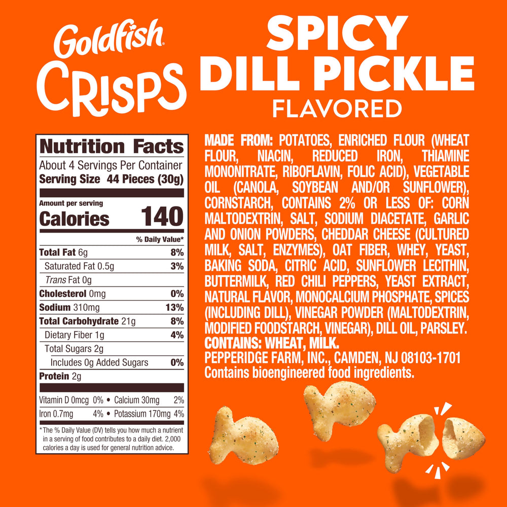 Goldfish Spicy Dill Pickle crackers close-up—bold flavor and texture.