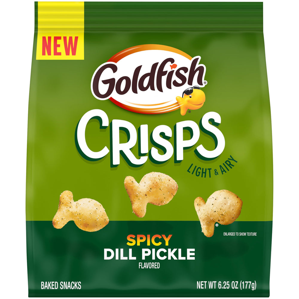 Goldfish Spicy Dill Pickle Crisps bag showcases a crunchy, snack-ready treat.