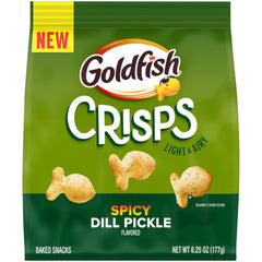 Goldfish Spicy Dill Pickle Crisps bag showcases a crunchy, snack-ready treat.