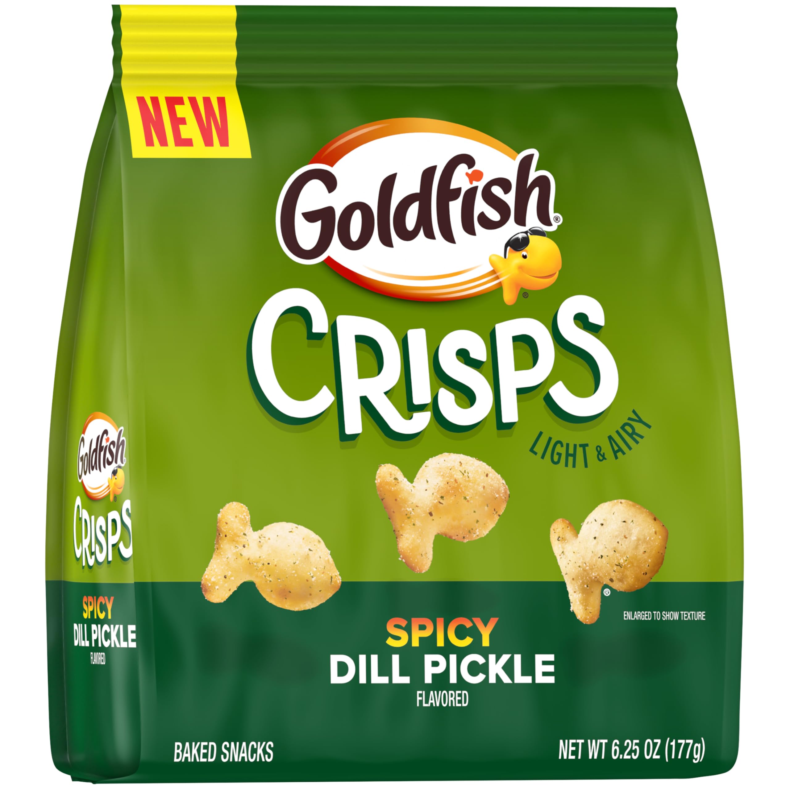 Close view reveals dill-specked surface and spicy dill pickle flavor profile.