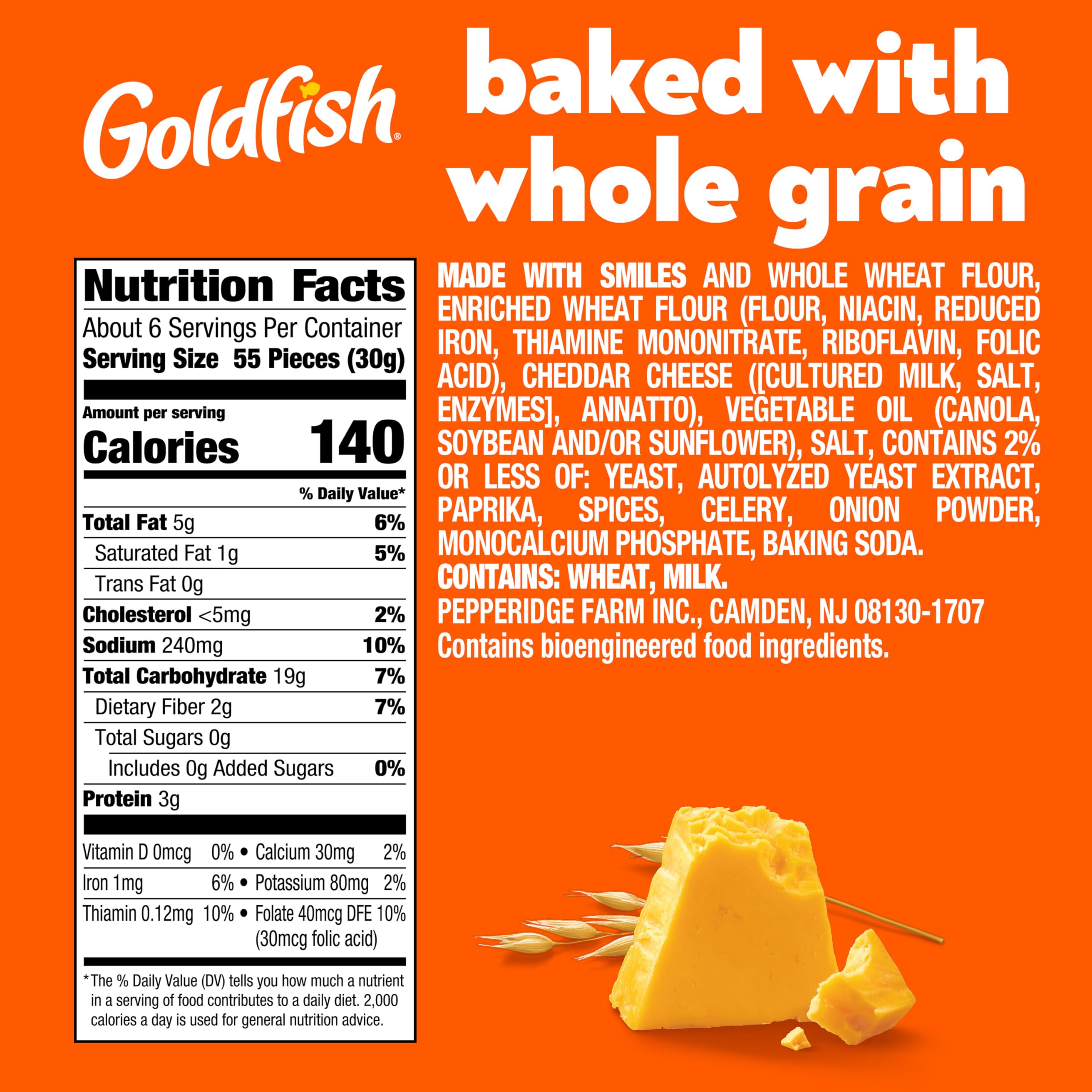 Goldfish whole grain cheddar crackers bag back highlighting flavors and ingredients