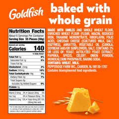 Goldfish whole grain cheddar crackers bag back highlighting flavors and ingredients