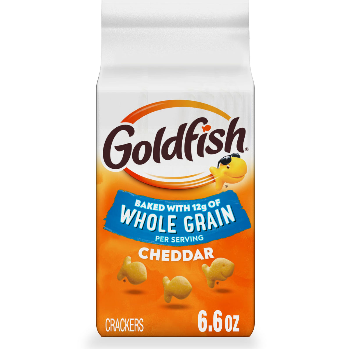 Goldfish whole grain cheddar crackers bag front showing golden baked color