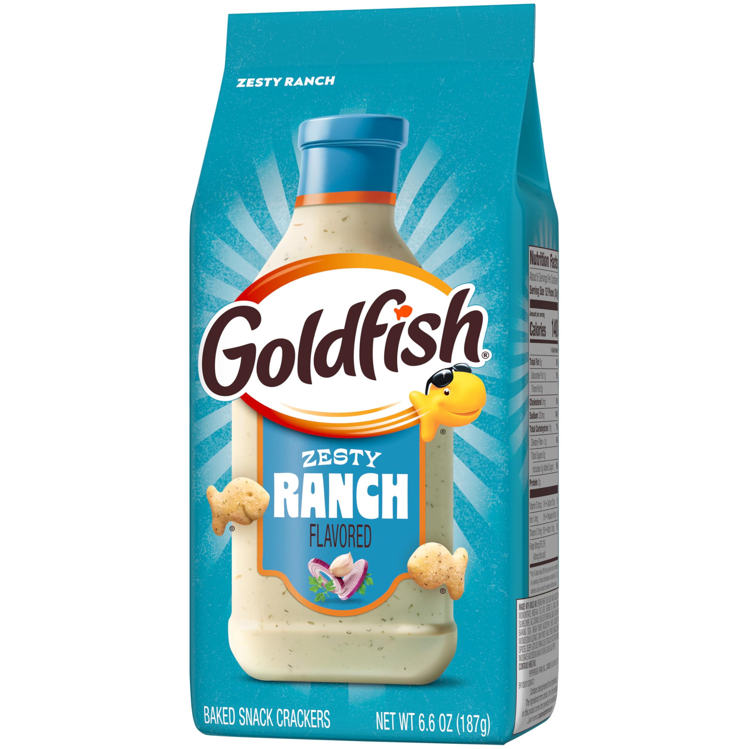 Goldfish Zesty Ranch crackers bag-front display, a convenient pantry staple.