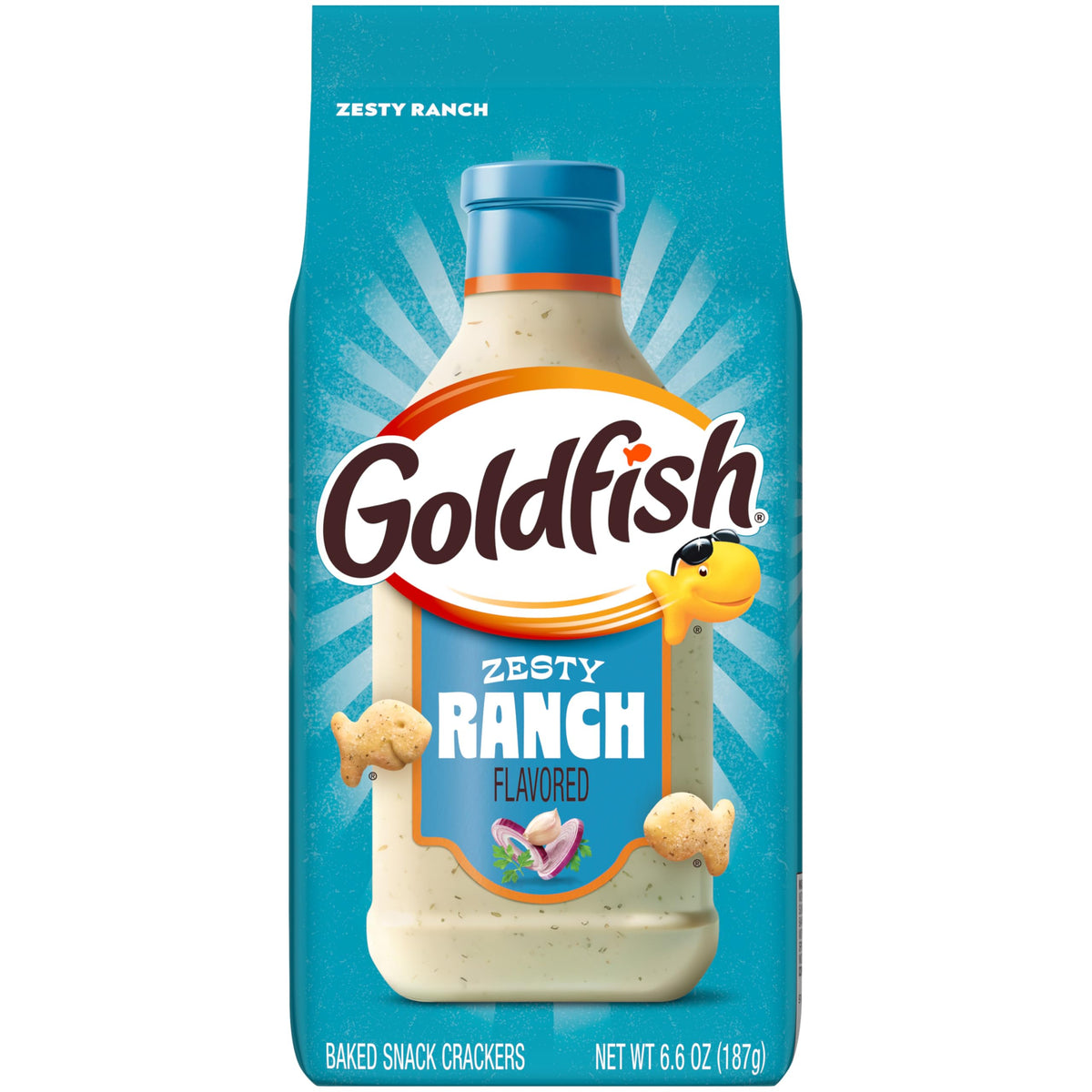 Goldfish Zesty Ranch crackers packshot, ideal for on-the-go snacking.