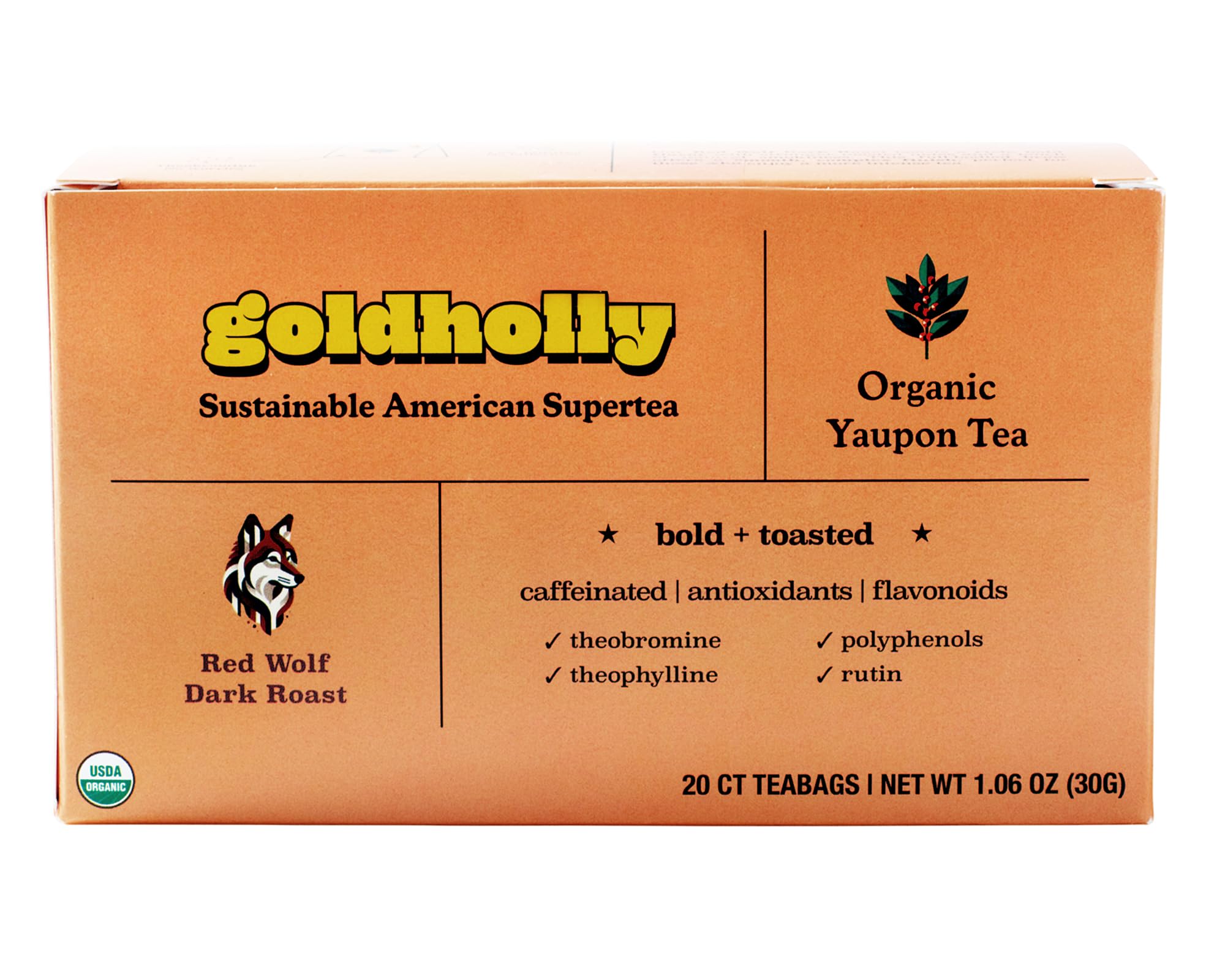 Goldholly Yaupon Tea packaging emphasizes clean American energy.