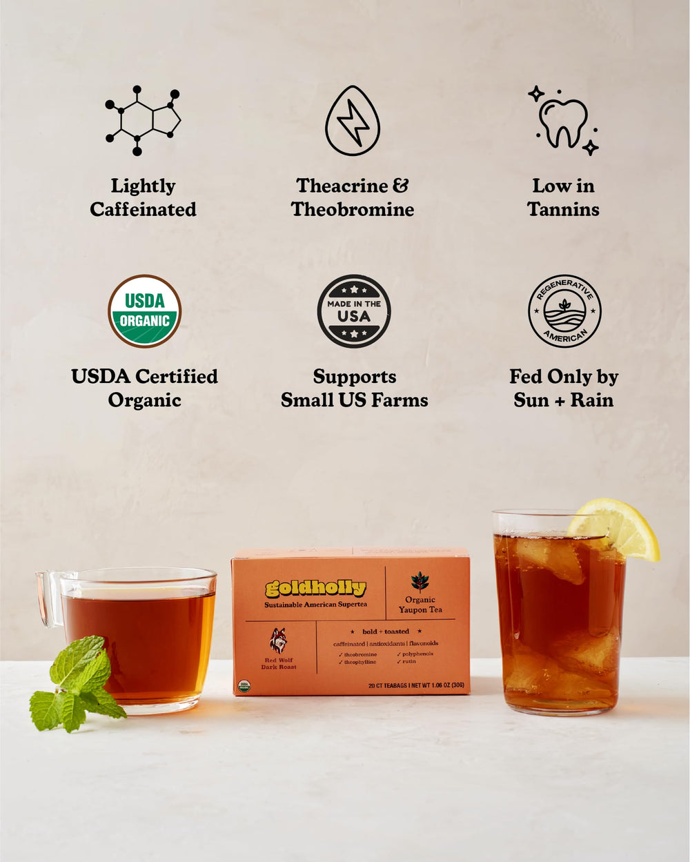 Goldholly Yaupon Tea jar shows USDA Organic, 100% American sourcing.