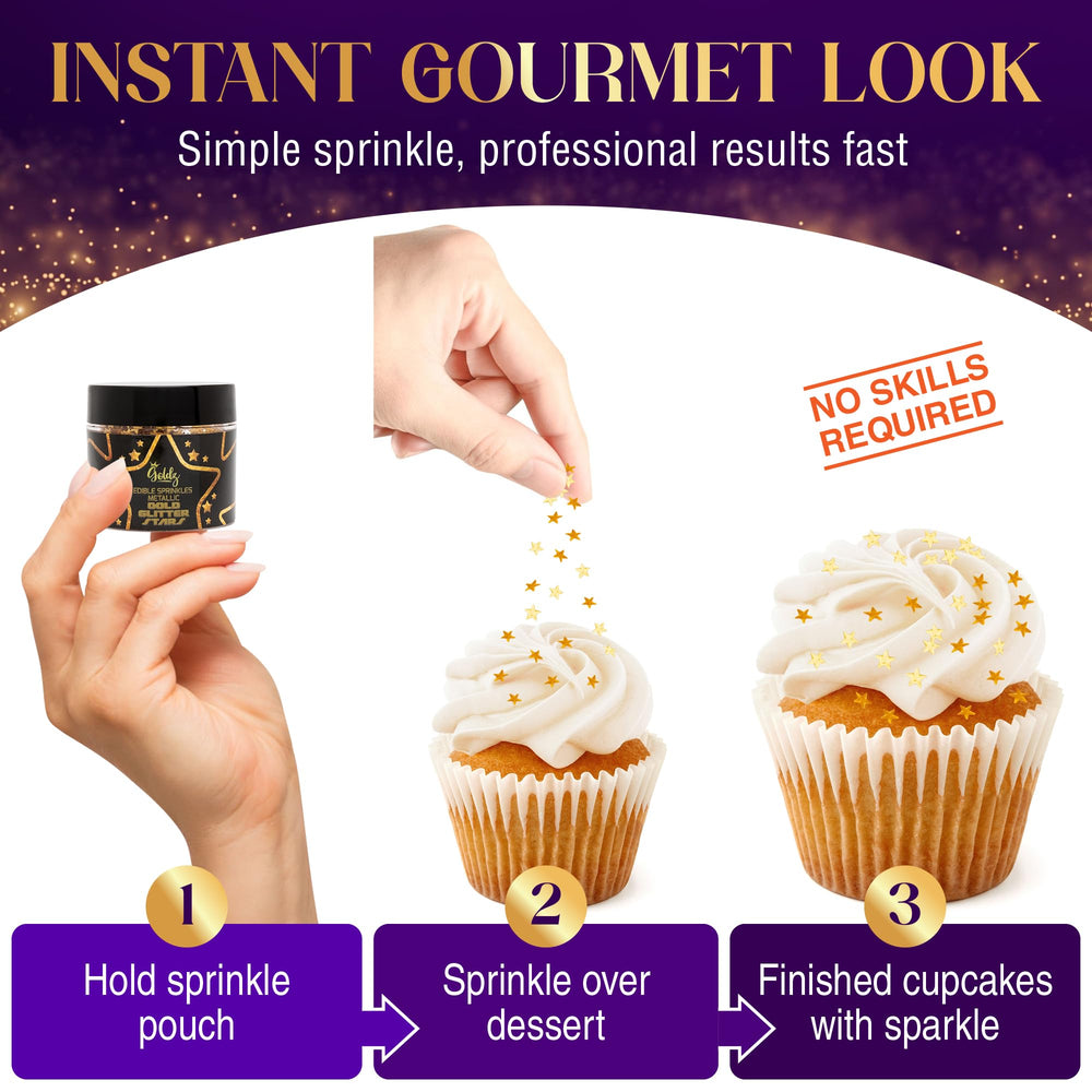 Dust gold flakes on cupcakes for elegant dessert accents.