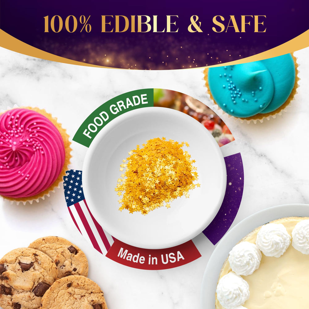 Goldz star sprinkles decorate cakes with shimmering party-ready detail.