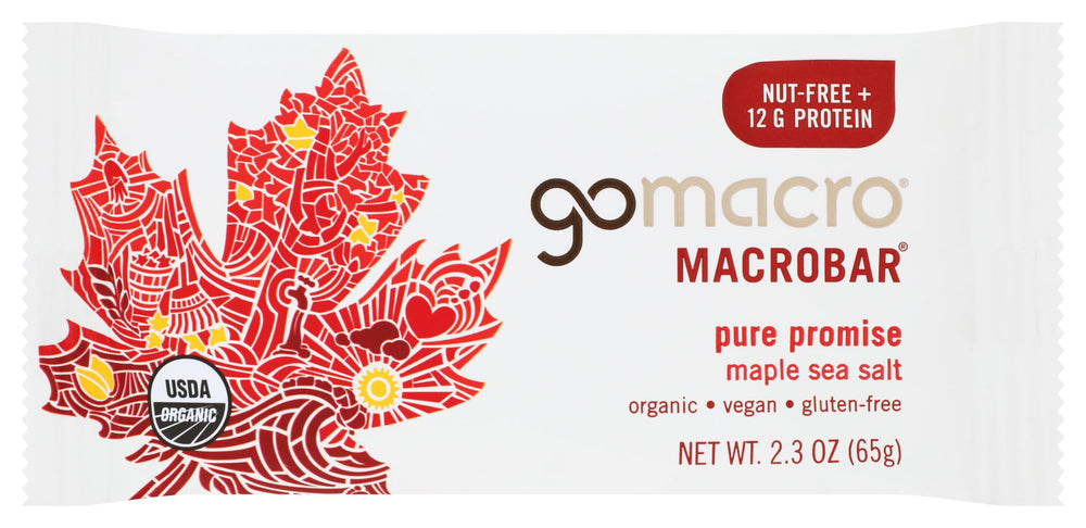 GoMacro Bar Macro Maple Ssalt packaging close-up highlights premium ingredients.