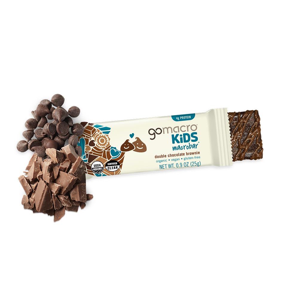 GoMacro Kids bar close-up with chocolate chips, showcasing texture and indulgent flavor