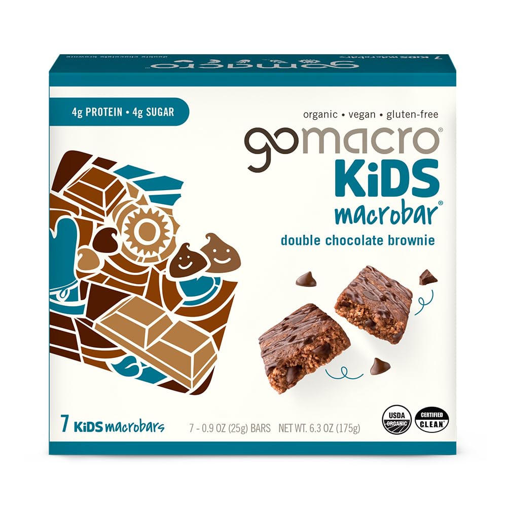 GoMacro Kids Double Chocolate Brownie bars box front, kid-friendly on-the-go snack