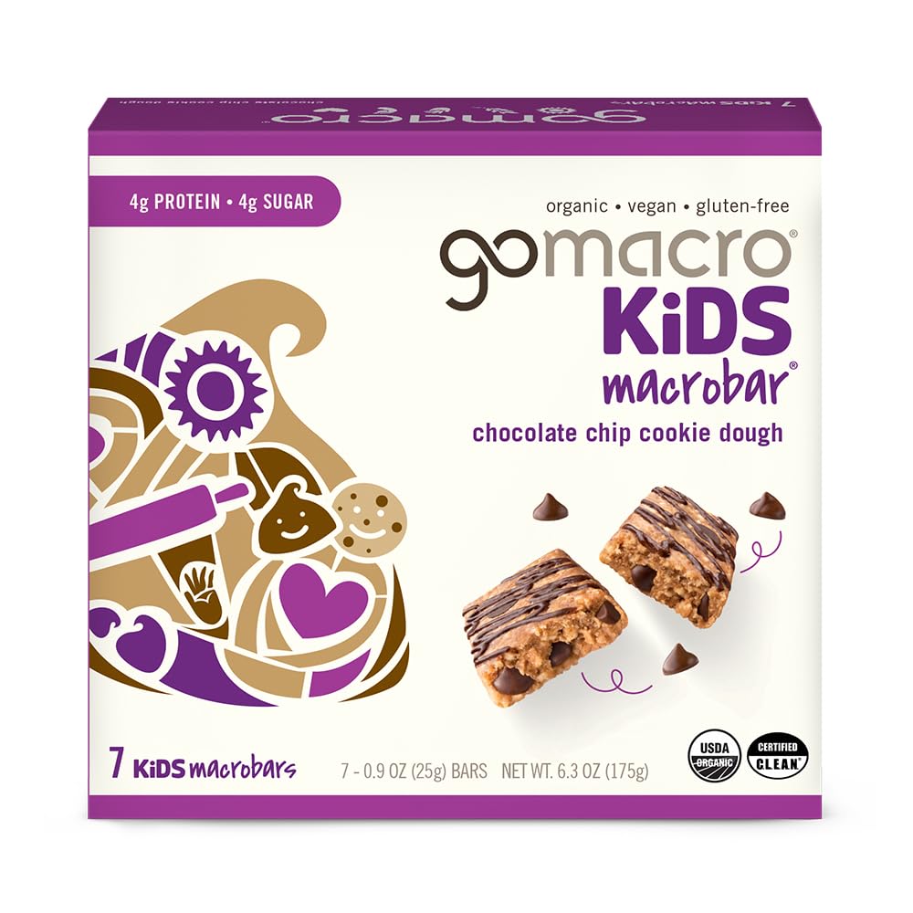 GoMacro Kids MacroBar Chocolate Chip Cookie Dough unwrapped, a convenient plant-based snack for busy families—great for lunchboxes.