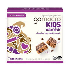 GoMacro Kids MacroBar Chocolate Chip Cookie Dough unwrapped, a convenient plant-based snack for busy families—great for lunchboxes.