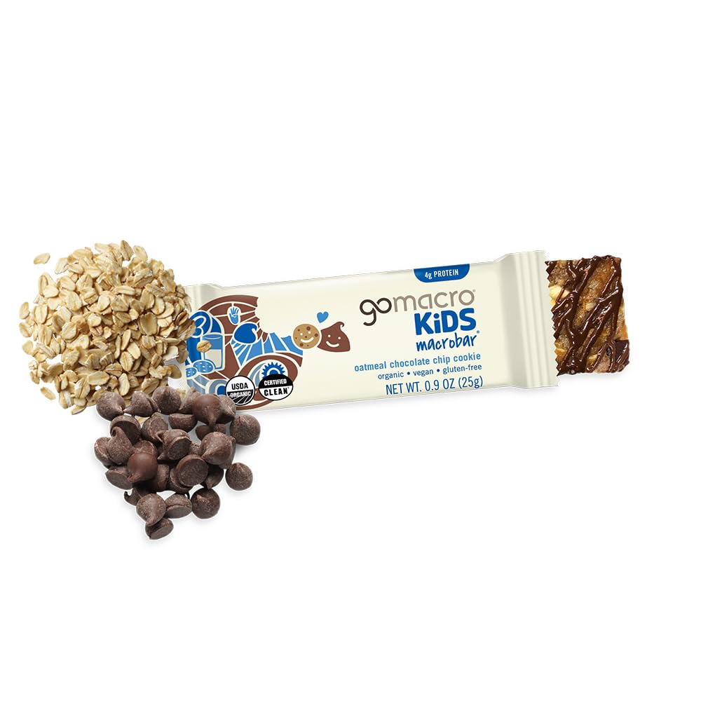 GoMacro Kids MacroBar Oatmeal Chocolate Chip Cookie ingredients label focus for gluten-free, vegan, non-GMO claim.