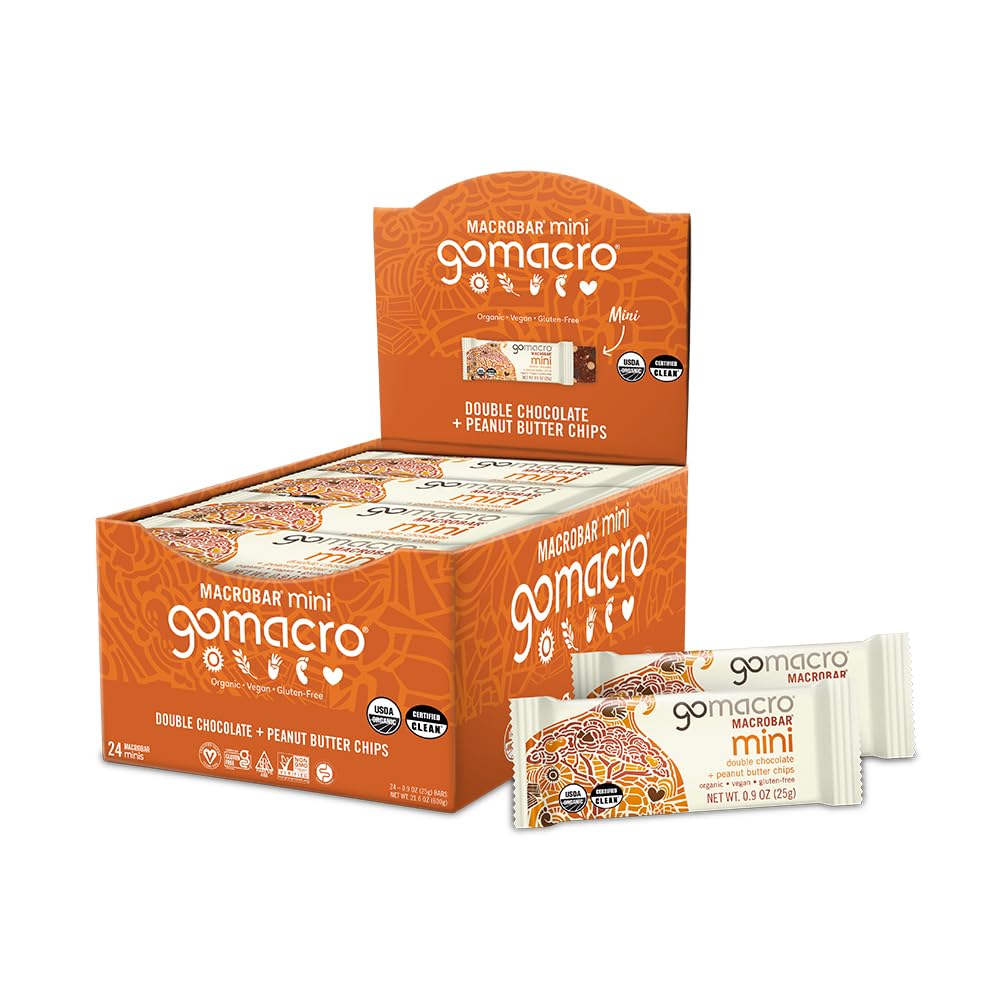 GoMacro MacroBar Mini Double Chocolate + Peanut Butter Chips — protein-packed vegan snack.