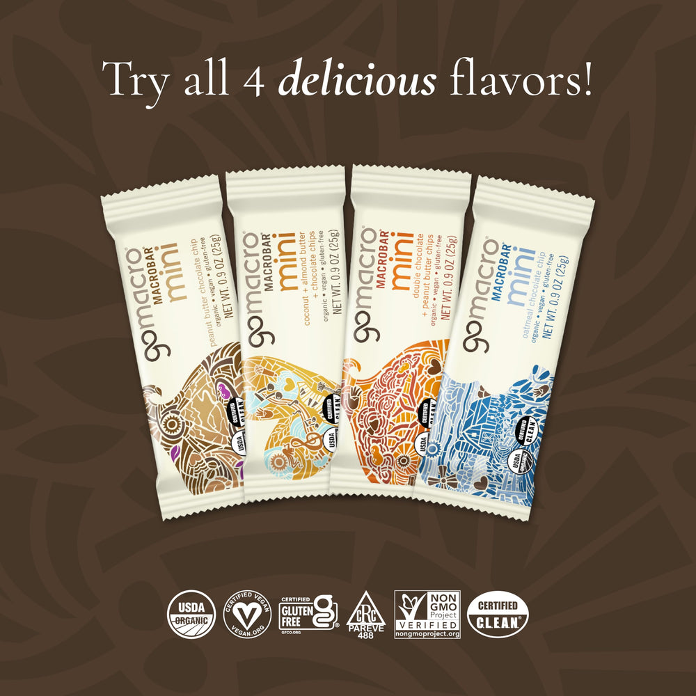 GoMacro MacroBar Mini Oatmeal Chocolate Chip in lunch bag for quick plant-based fuel.