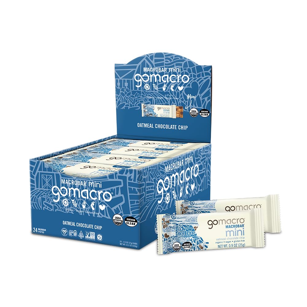 GoMacro MacroBar Mini Oatmeal Chocolate Chip packaging highlights organic plant-based ingredients.