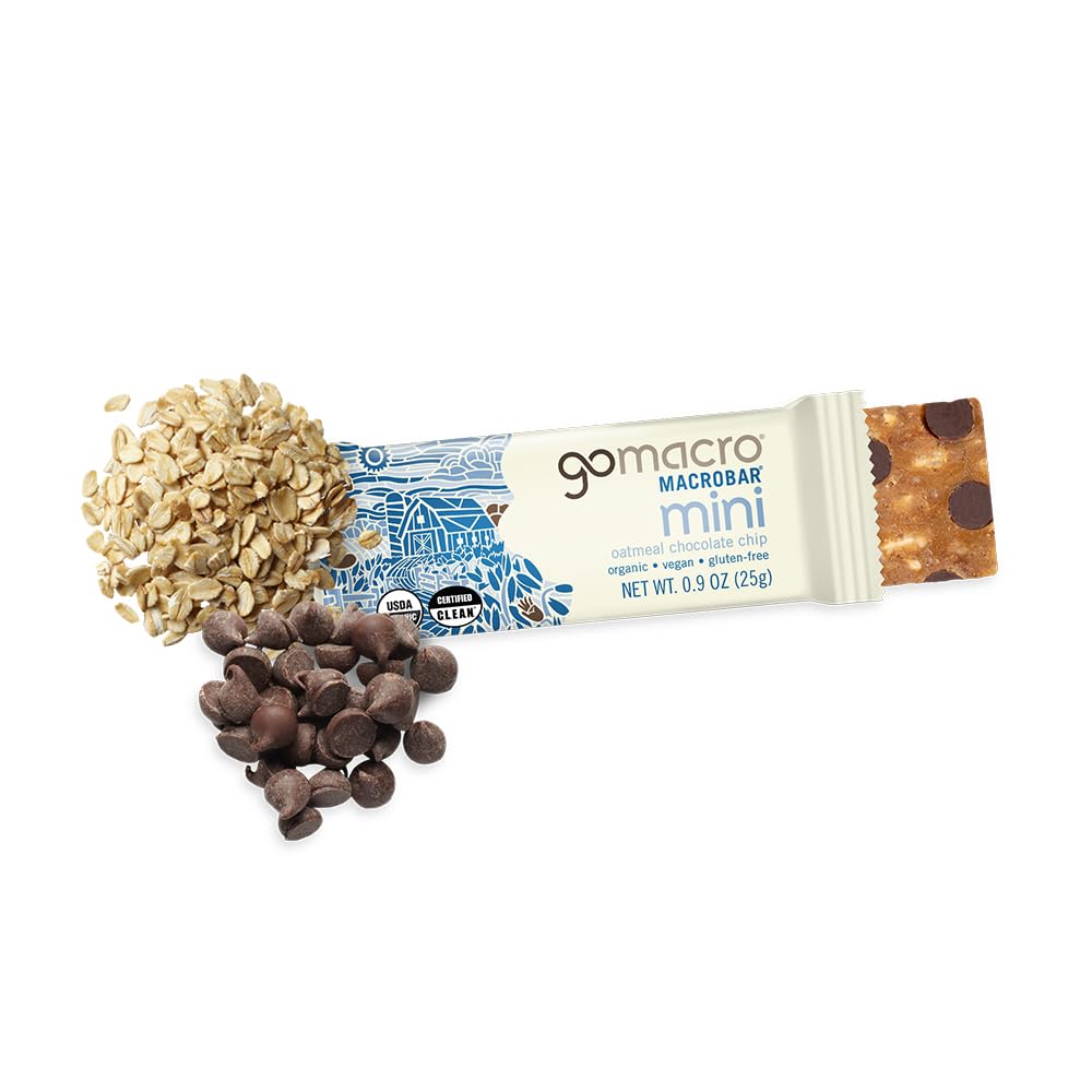 GoMacro MacroBar Mini Oatmeal Chocolate Chip snack setup for on-the-go energy.