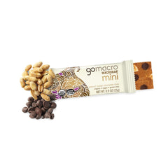 GoMacro MacroBar Mini ingredient closeup, peanut butter, chocolate chips, plant-based protein.