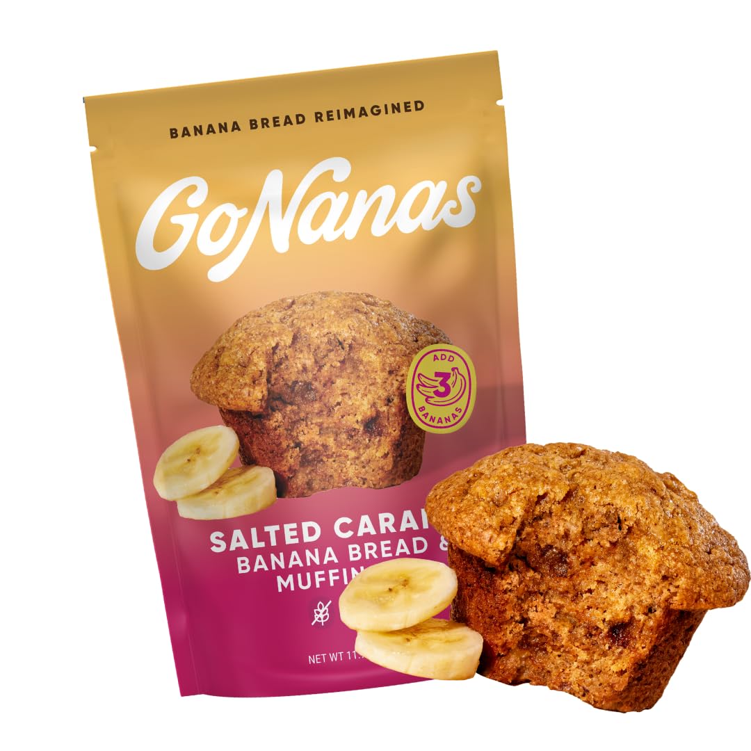 GoNanas Salted Caramel Oat Flour Banana Bread Mix packaging shows gluten-free vegan option.