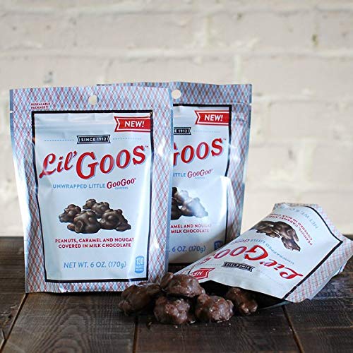 Goo Goo Cluster Lil’ Goos texture closeup highlighting peanut caramel nougat milk chocolate mix.