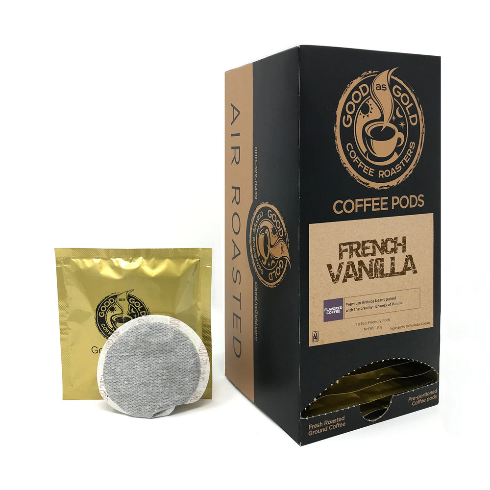 Good As Gold French Vanilla Coffee Pods pack highlights bold flavor for morning energy.